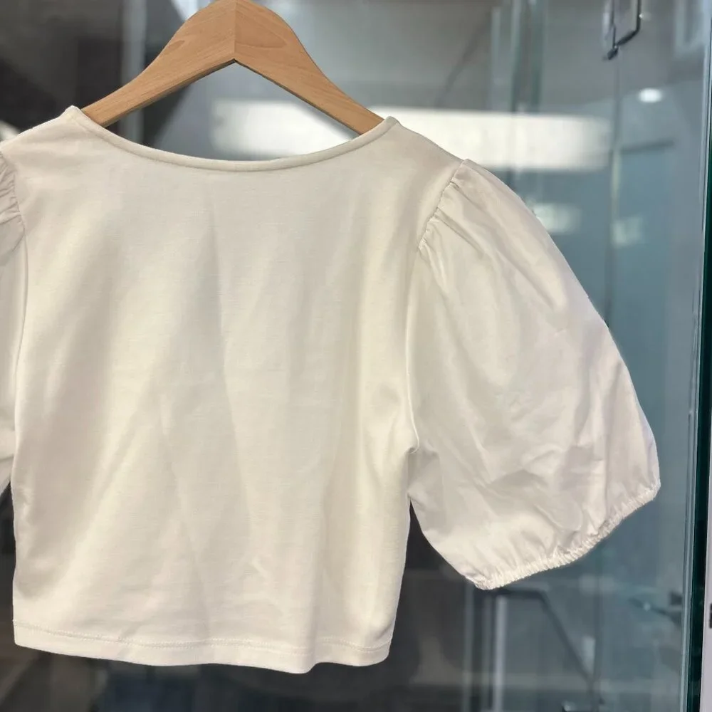 (NWOT) NLT Cotton-Poplin Puff Sleeve V-Neck Crossover Cropped Blouse (White) - Picture 11 of 14
